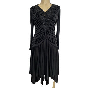 Abby Kent Dress Black Ruched Long Sleeve Bead Sequin Midi 80' V Neck S
